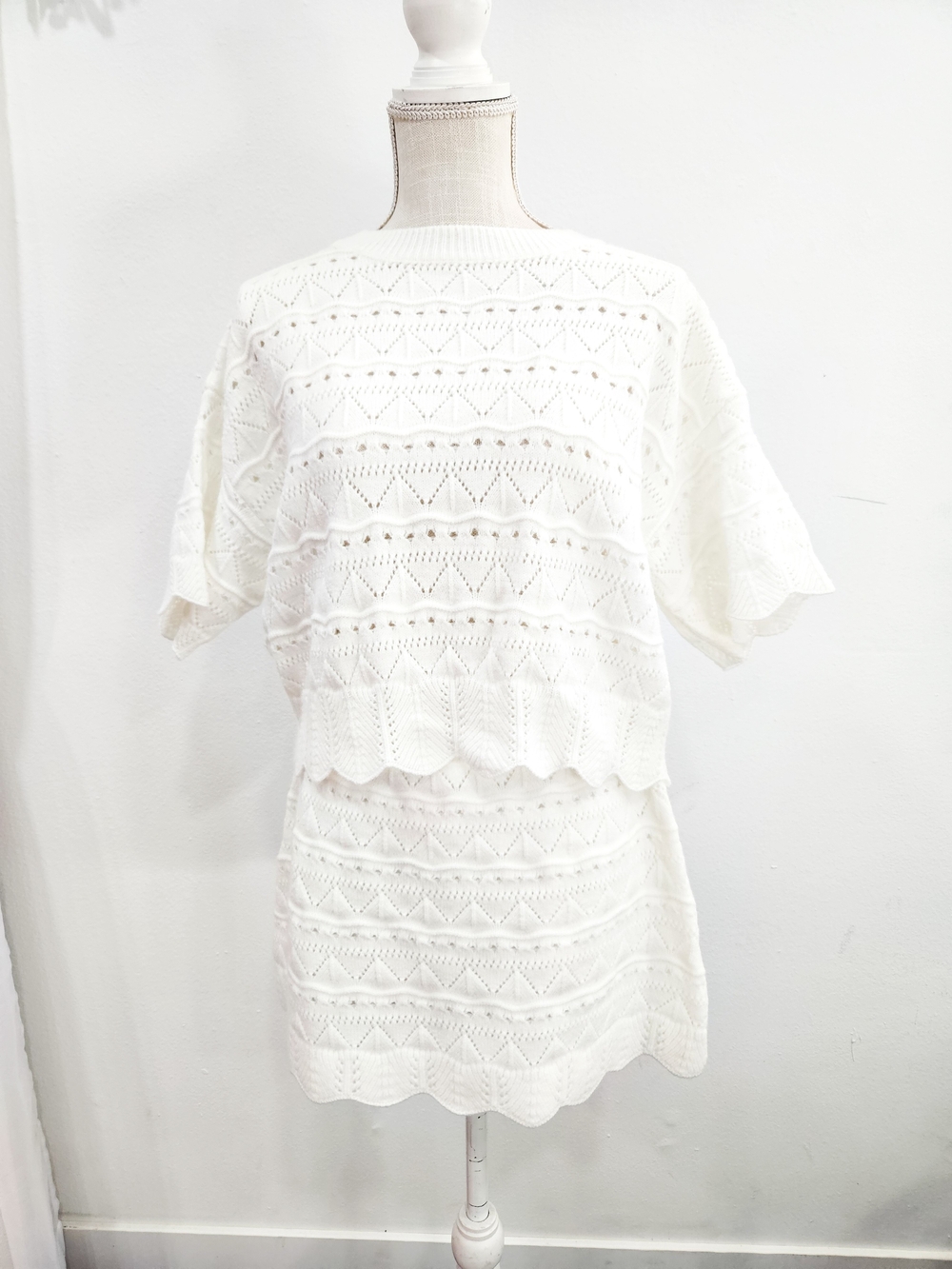 White Lace Knit Two-Piece Dress